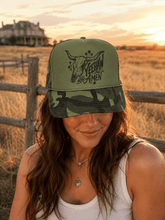 Load image into Gallery viewer, Yeehaw and Amen Longhorn Camo Trucker Hat
