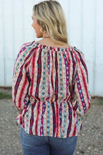 Load image into Gallery viewer, Multicolour Western Print Split Neck Peplum Blouse
