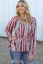 Load image into Gallery viewer, Multicolour Western Print Split Neck Peplum Blouse
