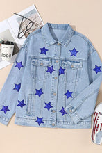 Load image into Gallery viewer, Pocketed Geometric Collared Neck Denim Jacket
