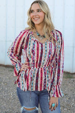 Load image into Gallery viewer, Multicolour Western Print Split Neck Peplum Blouse
