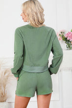 Load image into Gallery viewer, Round Neck Long Sleeve Top and Drawstring Shorts Lounge Set
