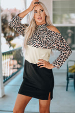 Load image into Gallery viewer, Leopard Color Block Cold-Shoulder Side Slit Dress
