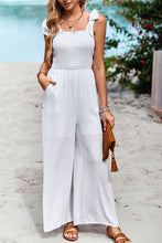 Load image into Gallery viewer, Frill Trim Tie Shoulder Wide Leg Jumpsuit with Pockets
