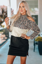 Load image into Gallery viewer, Leopard Color Block Cold-Shoulder Side Slit Dress
