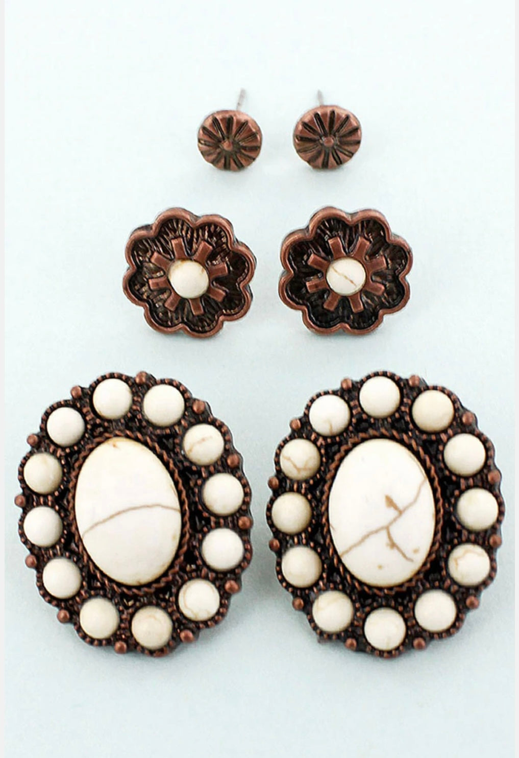 Glen Rose White Beaded Coppertone Earrings 3 Pair Set