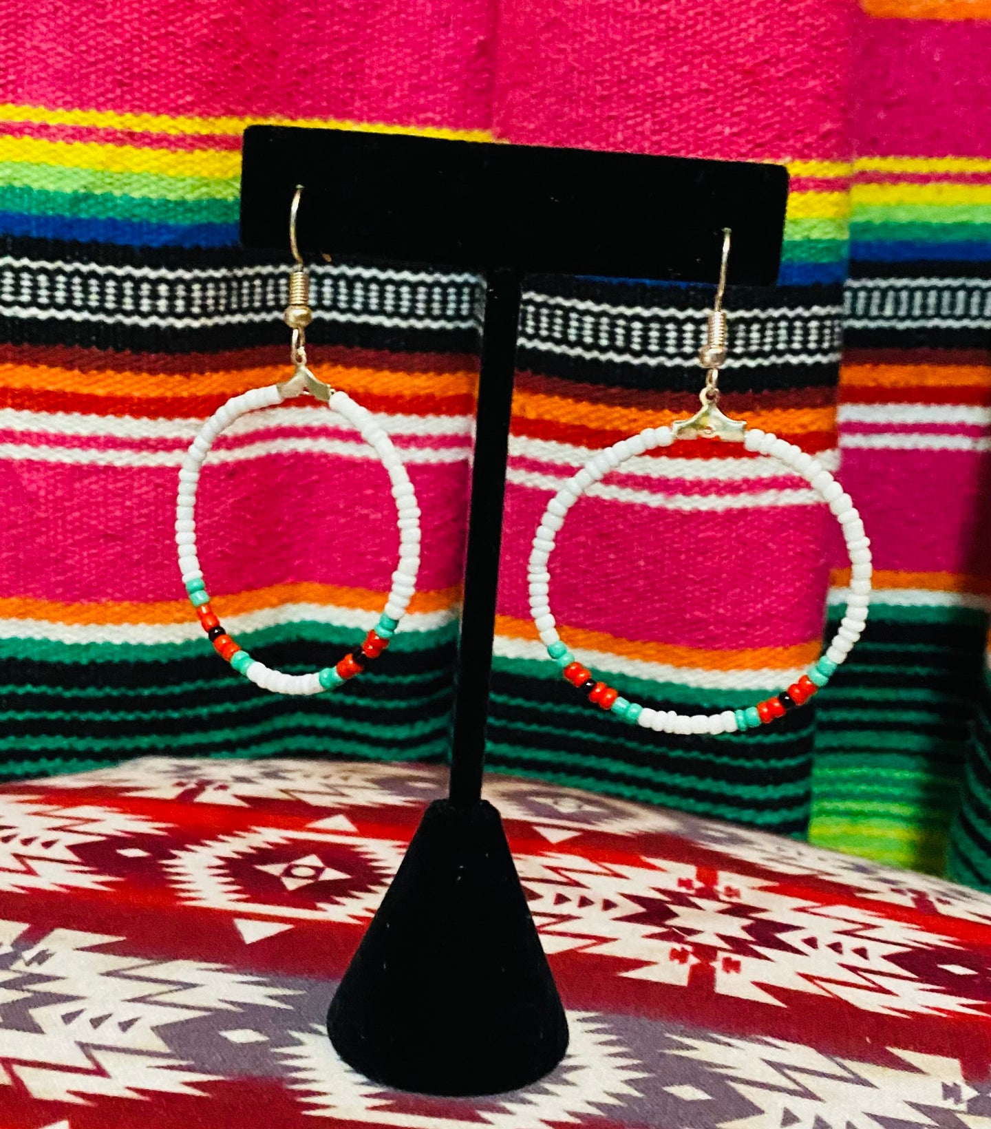 Navajo Beaded Earrings White Red & Turquoise  (small hoop)