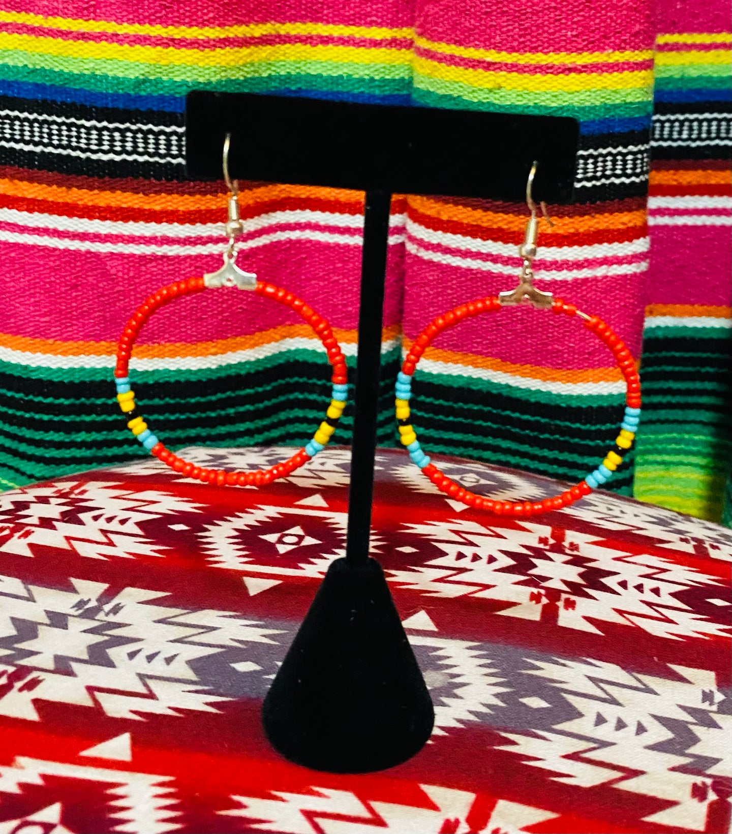 Navajo Beaded Earrings Red,Turquoise & Yellow (small hoops)