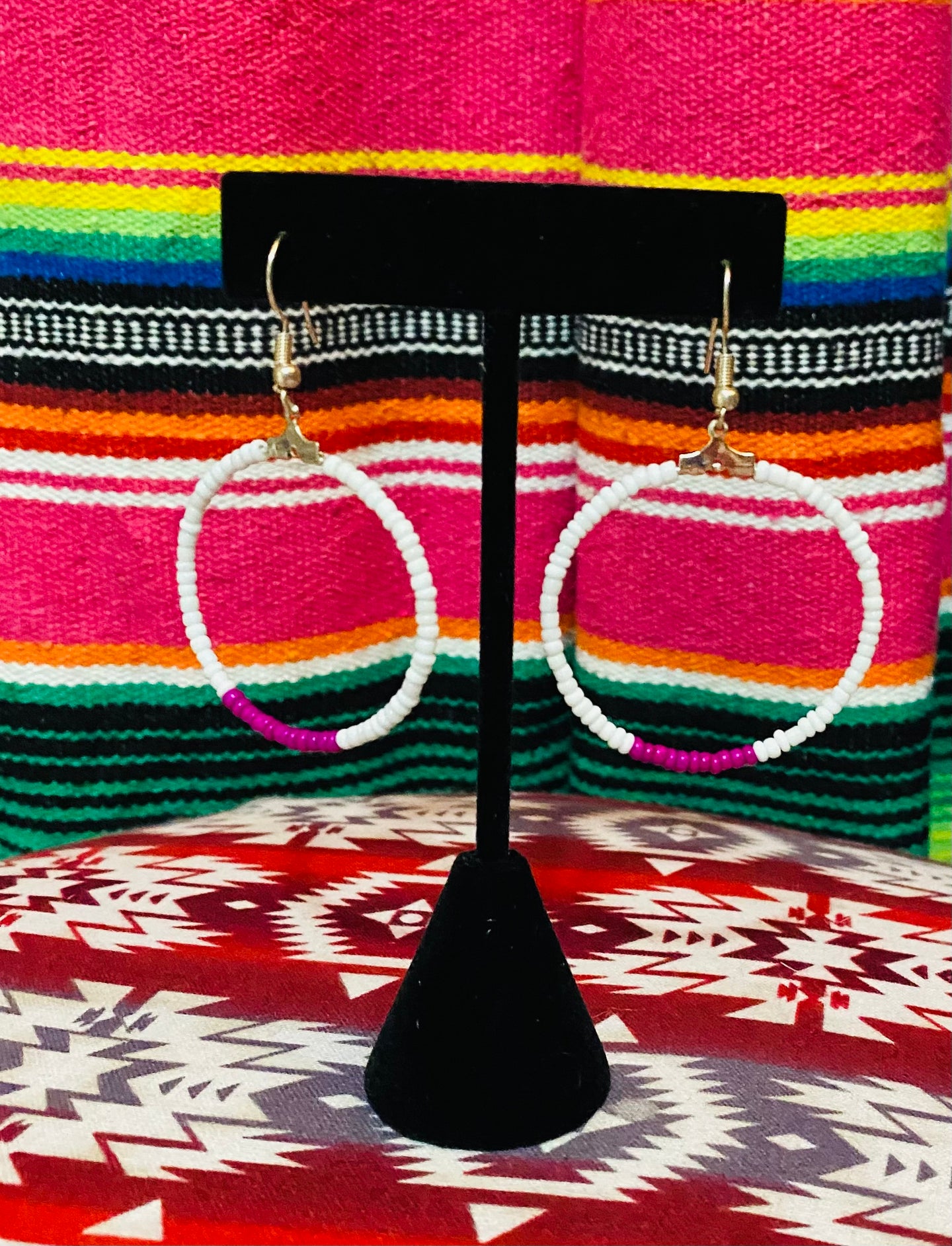 Beaded Hoop Earrings White & Pink (small hoops)