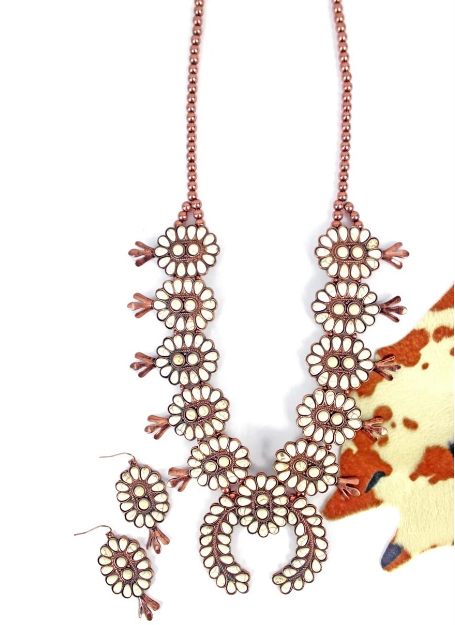 White Beaded Squash Blossom Necklace & Earring Set