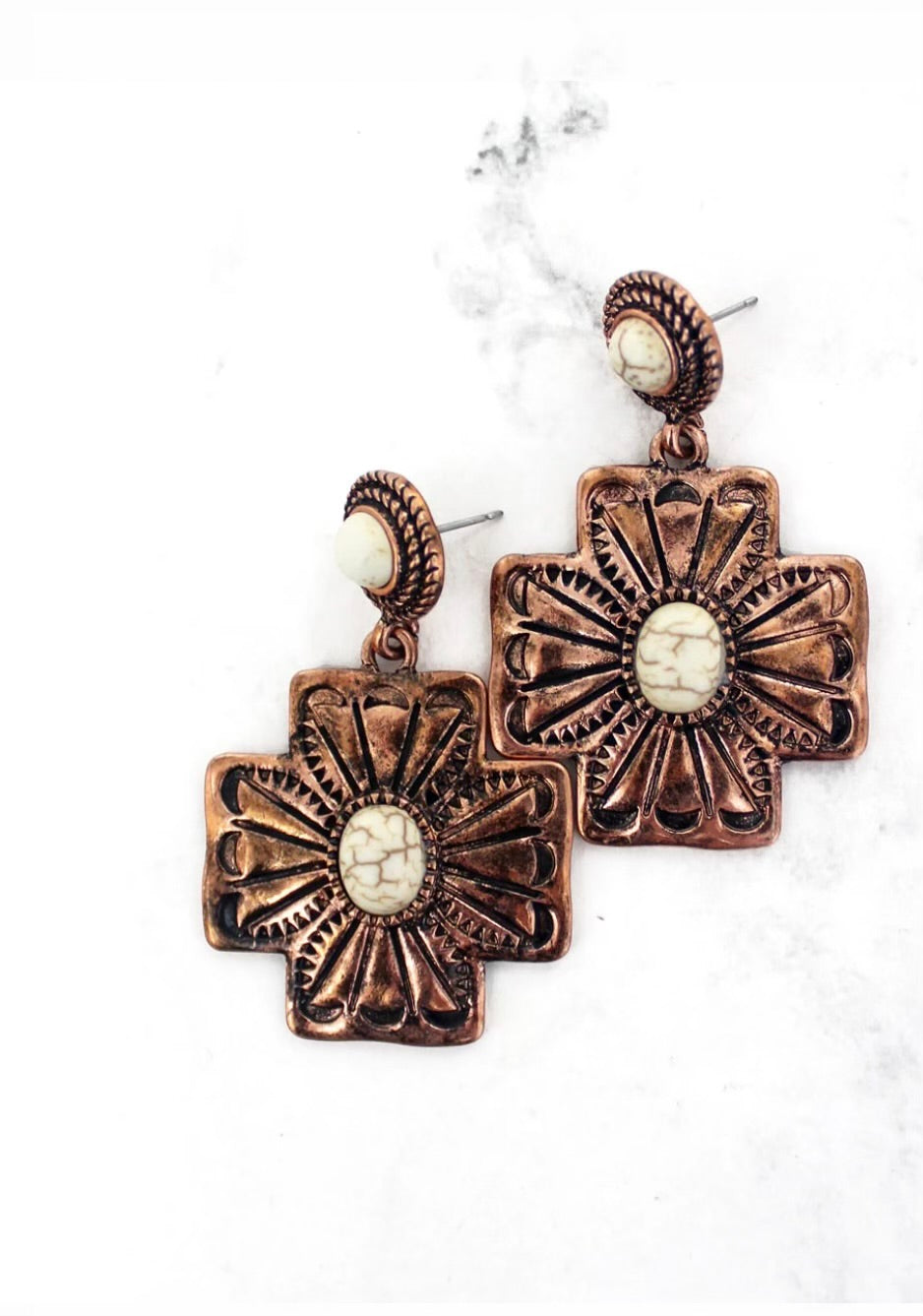 White and Coppertone Creek Cross Earrings