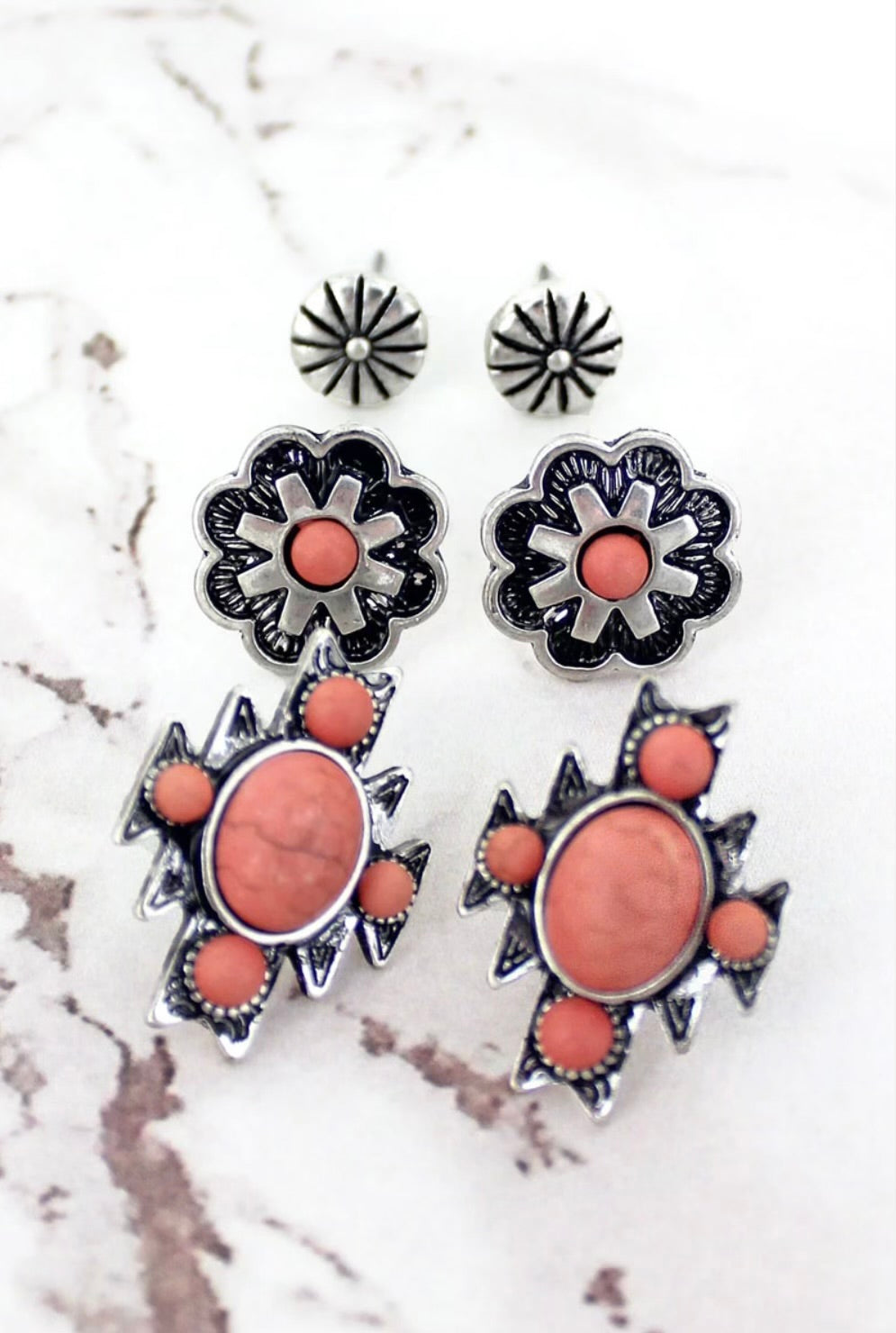Pink Western Cross and Flower Stud Earrings 3 Pair Set