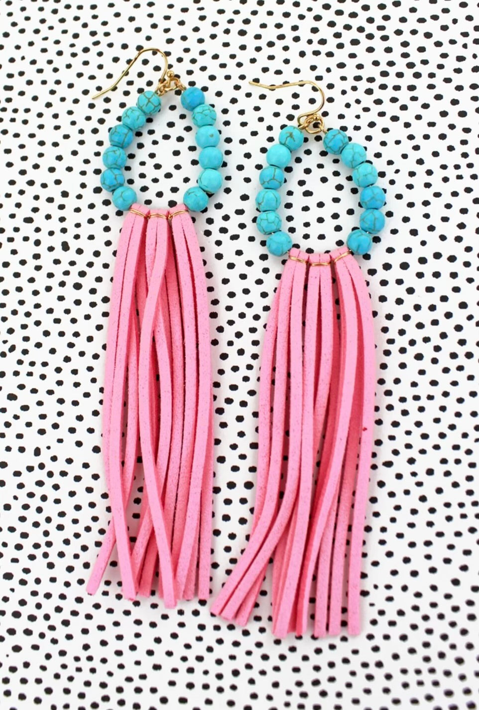 Turquoise Beaded Loop & Pink Faux Suede Tassel Earrings
