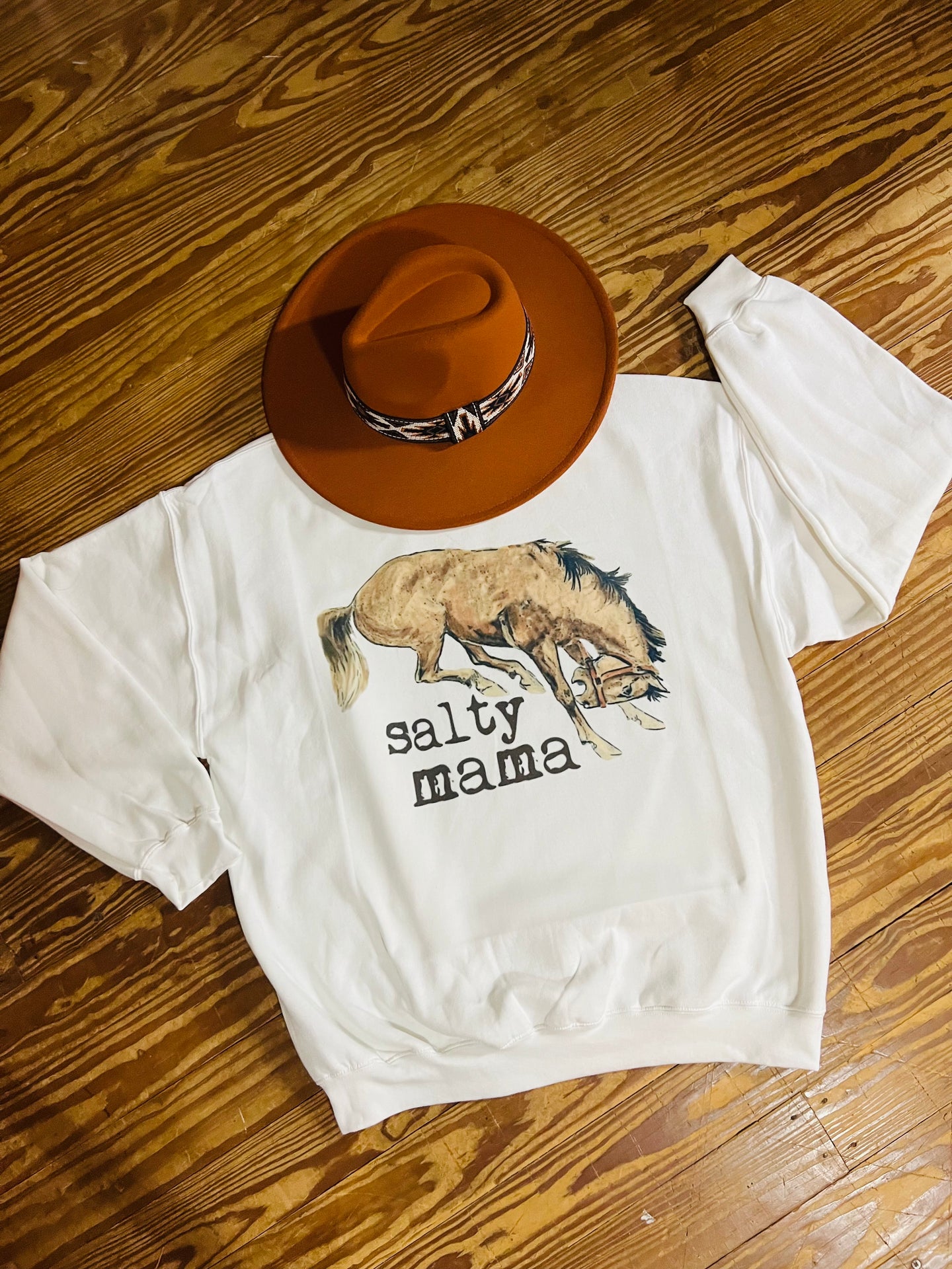 Salty MaMa Bucking Horse-White Sweatshirt