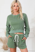 Load image into Gallery viewer, Round Neck Long Sleeve Top and Drawstring Shorts Lounge Set

