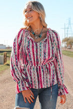 Load image into Gallery viewer, Multicolour Western Print Split Neck Peplum Blouse
