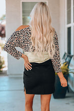 Load image into Gallery viewer, Leopard Color Block Cold-Shoulder Side Slit Dress
