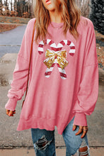 Load image into Gallery viewer, Sequin Candy Cane Round Neck Slit Sweatshirt
