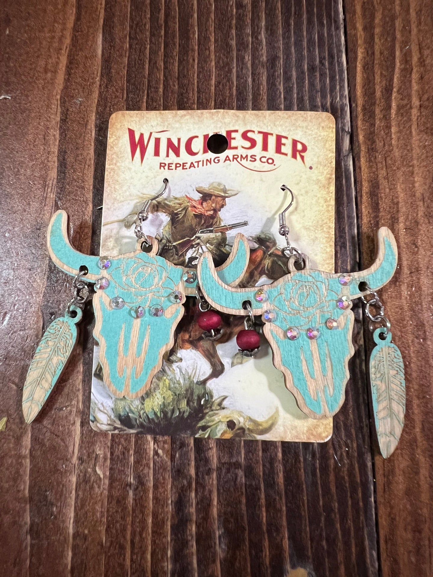 Turquoise Wooden Bull Skull Earrings