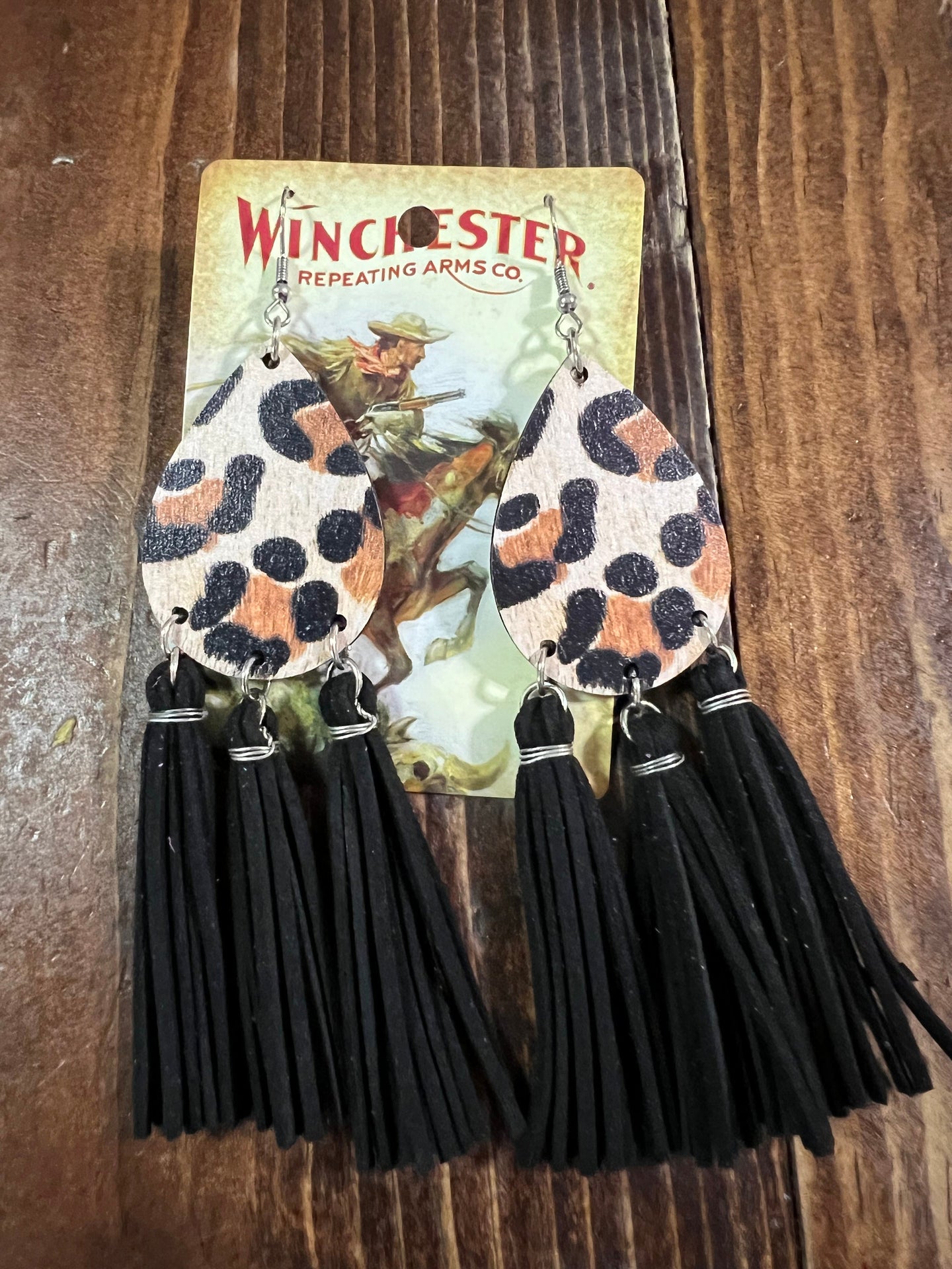 Leopard Wood Teardrop Black Tassel Fringe Earrings