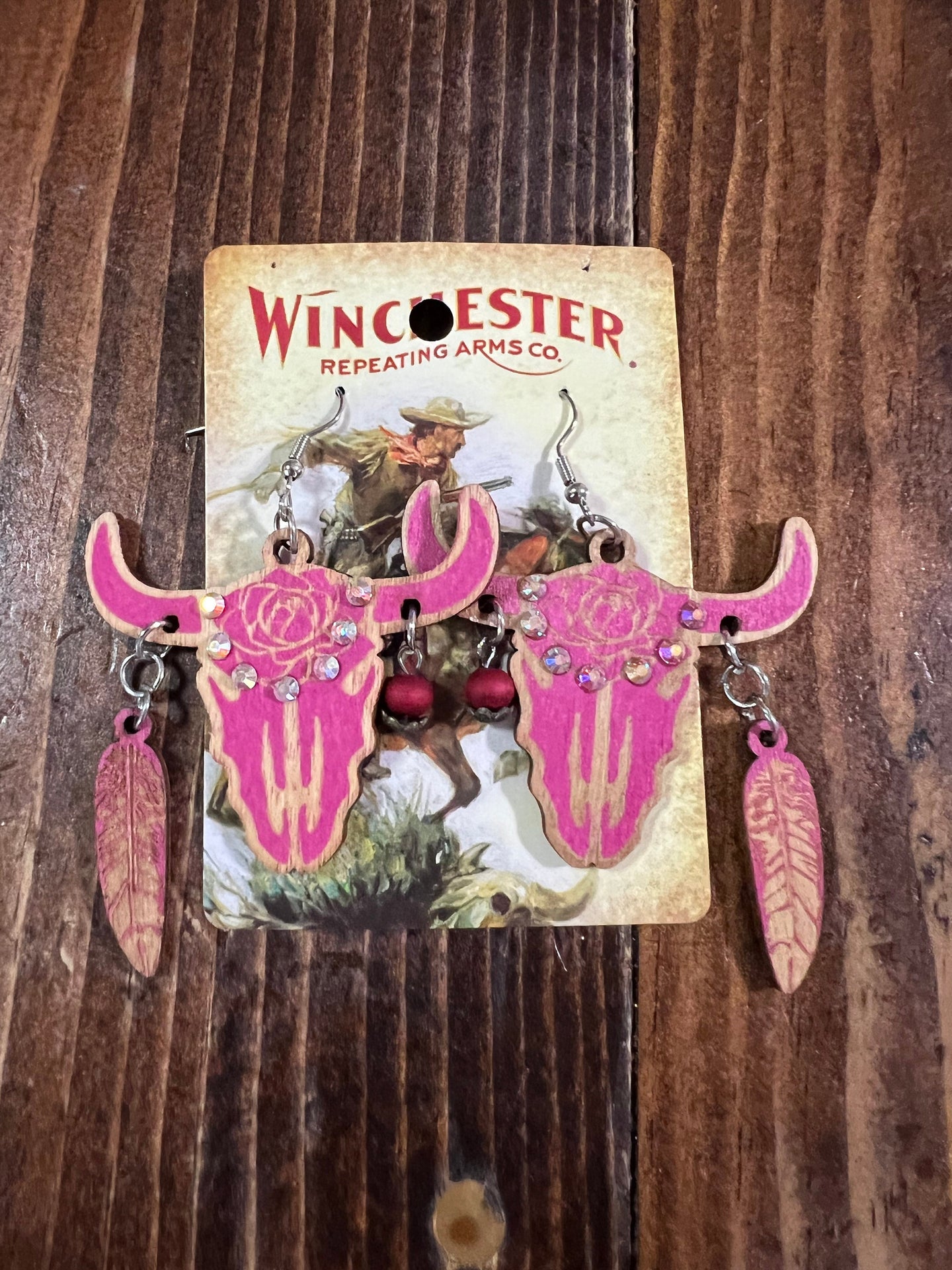 Pink Wooden Bull Skull Earrings