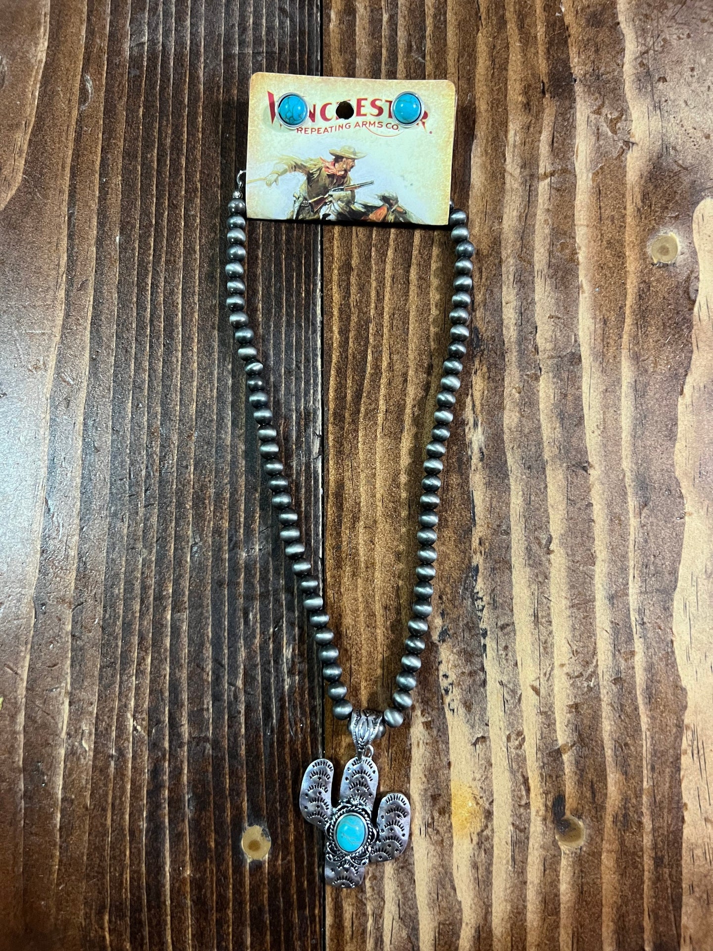 Turquoise Springs Cactus Silver Pearl Necklace & Earring Set